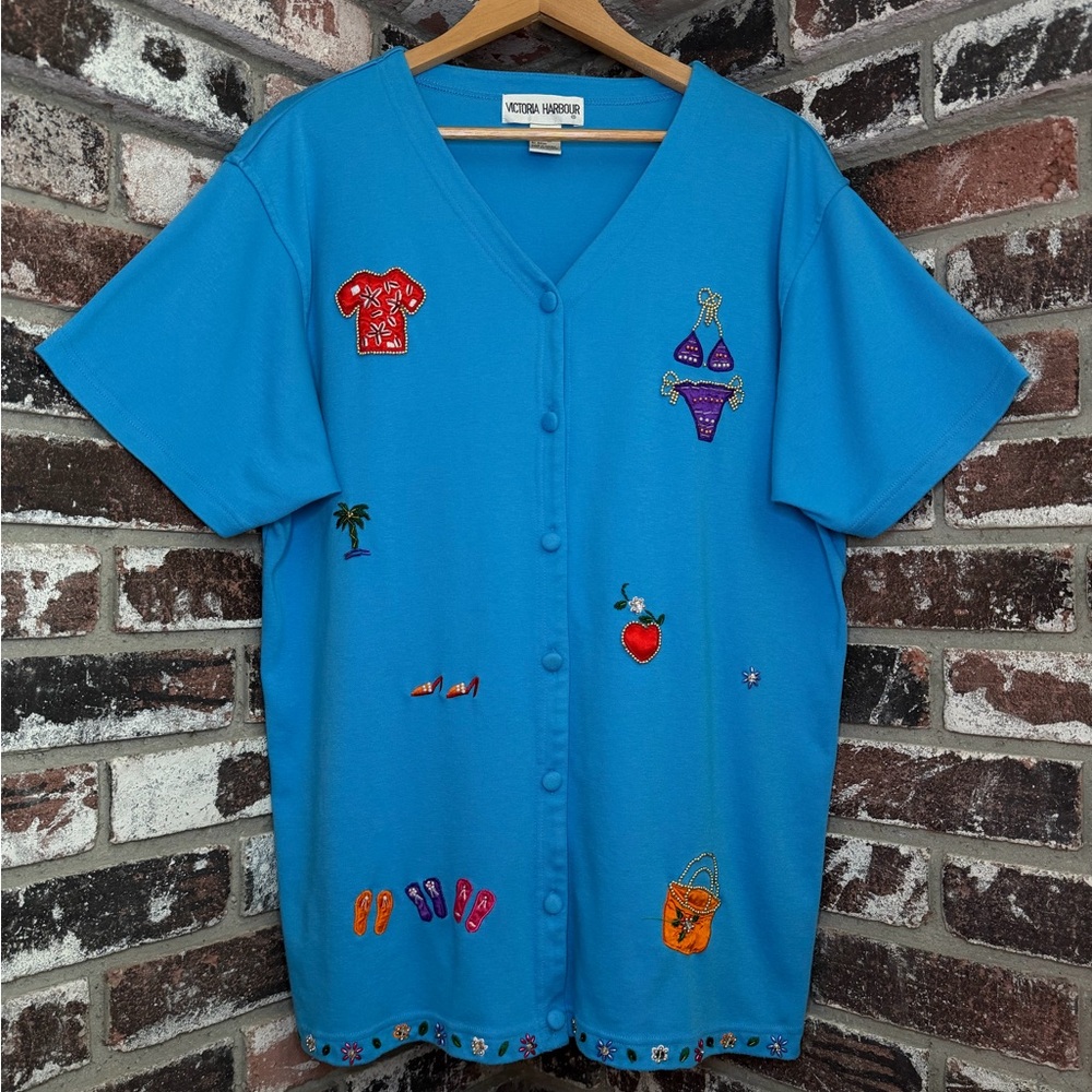 Women’s Vintage Beadwork Bedazzled Tropical Vacation Themed Blue Button Cover Up